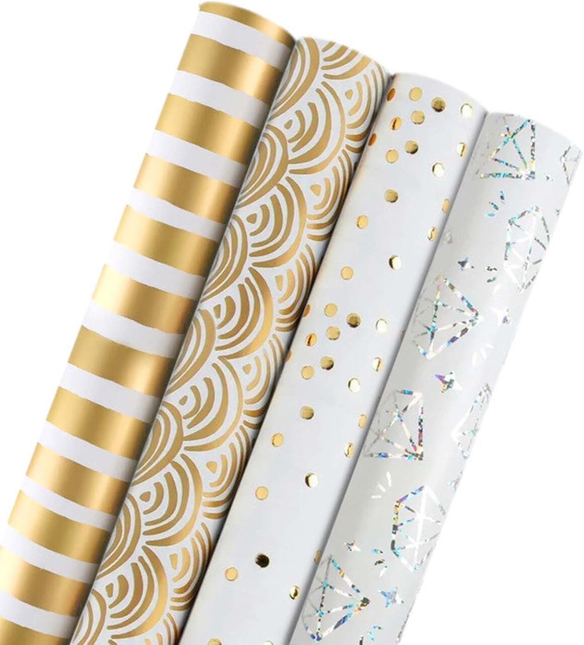 Gift Wrapping Paper Rolls Bundle (4 Rolls:100 sq. ft. ttl.) with White/Gold/Silver Diamonds/Dots/Rainbows/Stripes Pattern for Birthday Wedding Baby Shower Christmas -30 Inch X 10 Feet